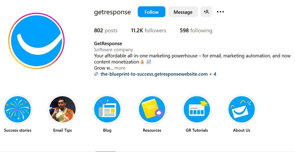 GetResponse Instagram profile showing optimized business profile with clear branding, bio, and website link for effective social media traffic generation